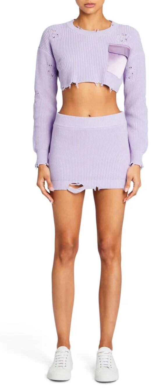 Seroya Mini Skirt Alora Lilac Ribbed Cotton Distressed Hem NWT size Small